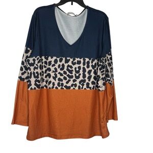 MISSLOOK Blouse Colorblock Leopard 2XL Navy Blue Orange Vibrant Boho Tunic Top